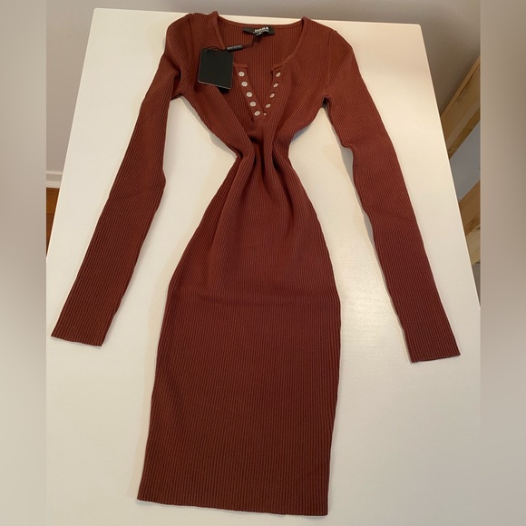 NWT Hera Collection Sexy Brown knit Bodycon Mini Dress with snap button Neck - Picture 6 of 11